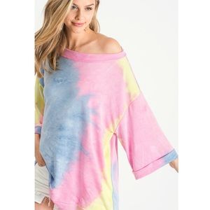 Pink Blue Tie Dye Tunic Loose Fit Boho Tee Shirt